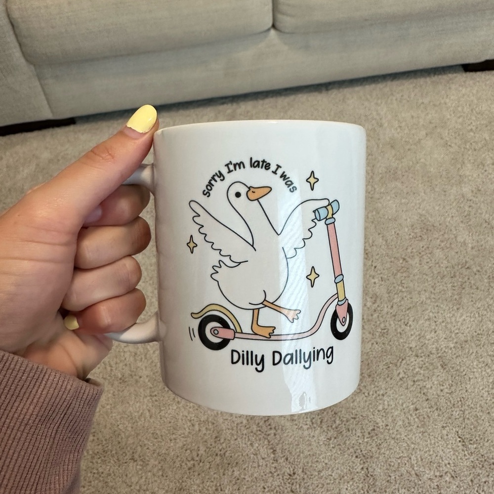 Sorry I’m Late I Was Dilly Dallying White Mug with Goose and Scooter Design